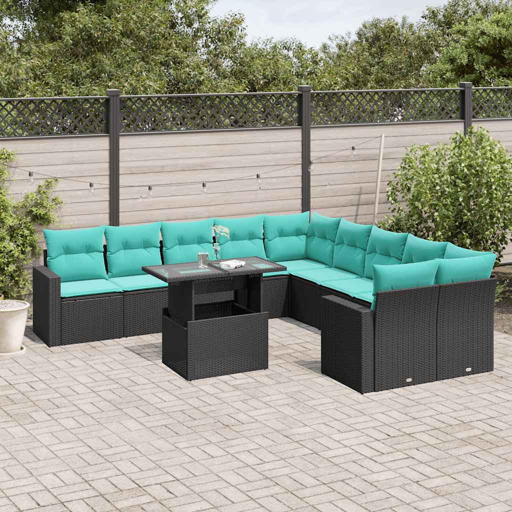 11 Piece Patio Sofa Set with Cushions Black Poly Rattan