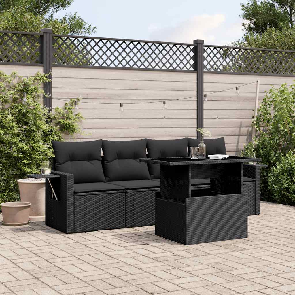 vidaXL 5-tlg. Garten-Sofagarnitur mit Kissen Schwarz Poly Rattan