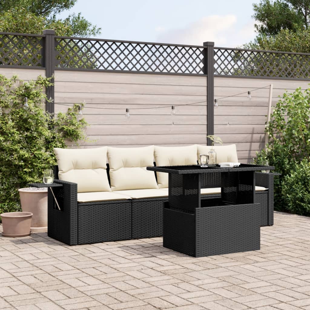 5-tlg. Garten-Sofagarnitur mit Kissen Schwarz Poly Rattan