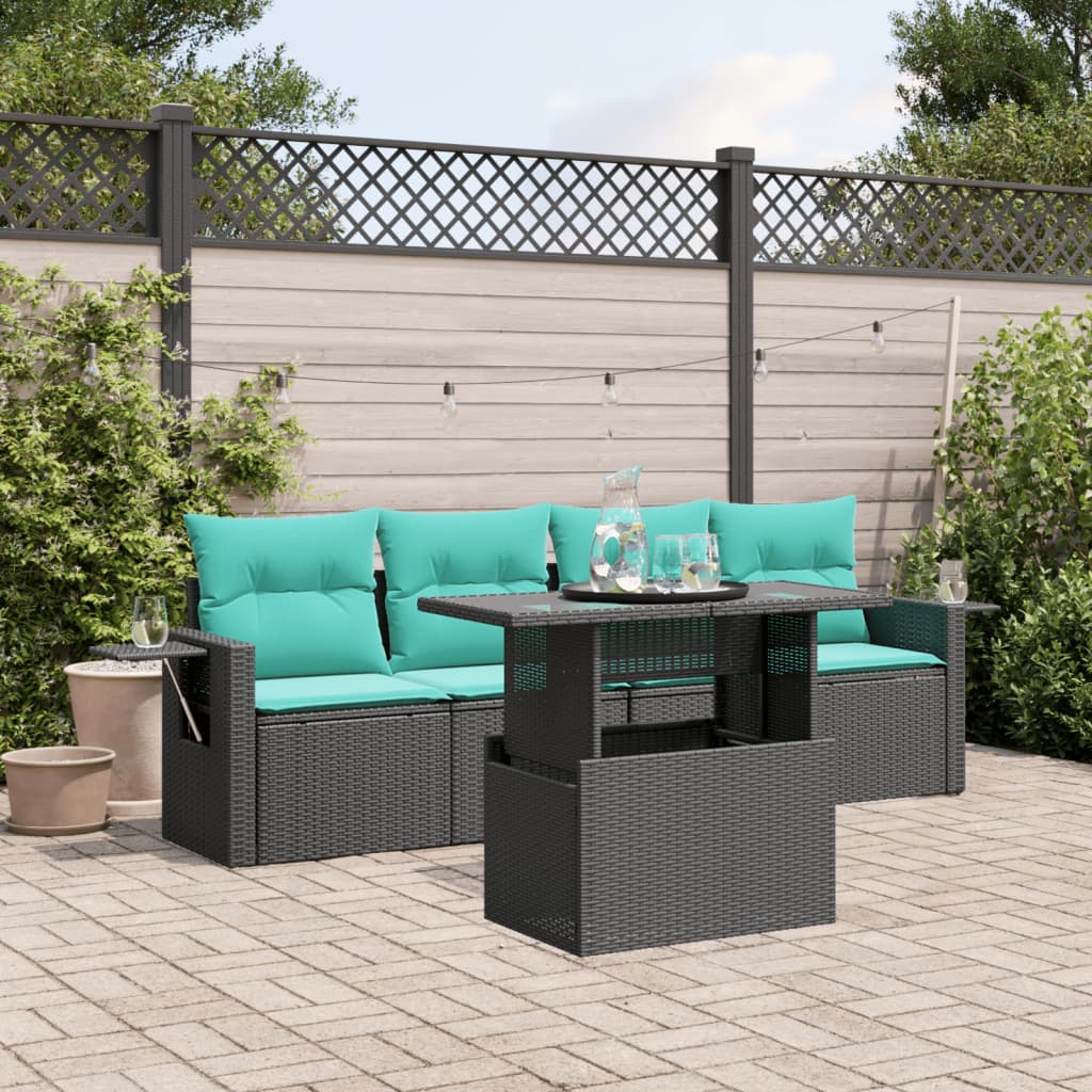 vidaXL 5-teiliges Gartensofa-Set mit Kissen, schwarzes Polyrattan