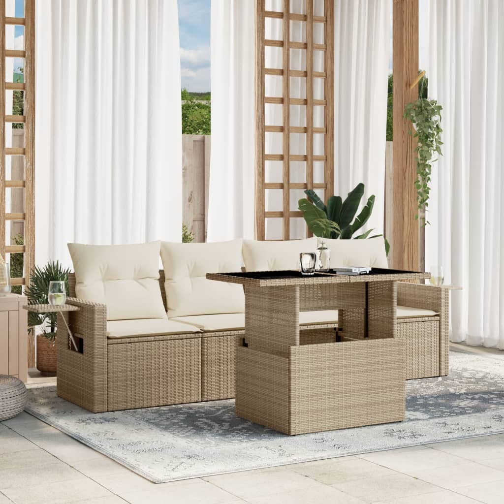 5-tlg. Garten-Sofagarnitur mit Kissen Beige Poly Rattan