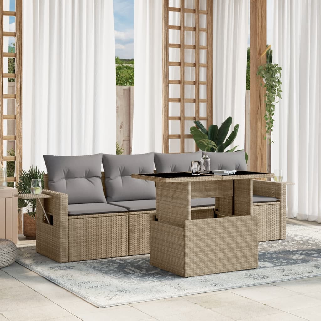 vidaXL 5-tlg. Garten-Sofagarnitur mit Kissen Beige Poly Rattan