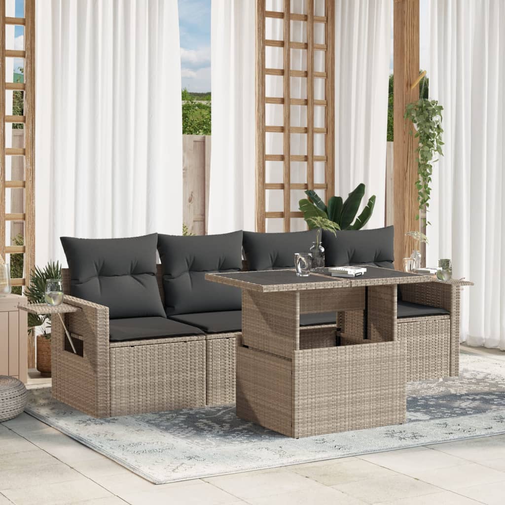 vidaXL 5-tlg. Garten-Sofagarnitur mit Kissen Hellgrau Poly Rattan