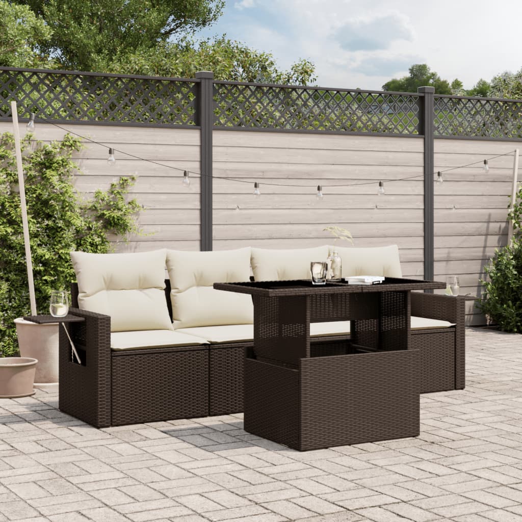 vidaXL 5-tlg. Garten-Sofagarnitur mit Kissen Braun Poly Rattan