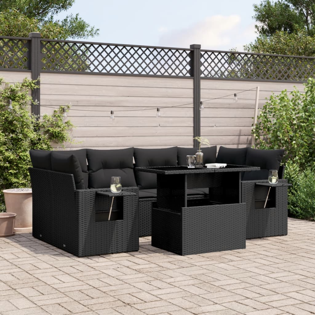 vidaXL 7-tlg. Garten-Sofagarnitur mit Kissen Schwarz Poly Rattan