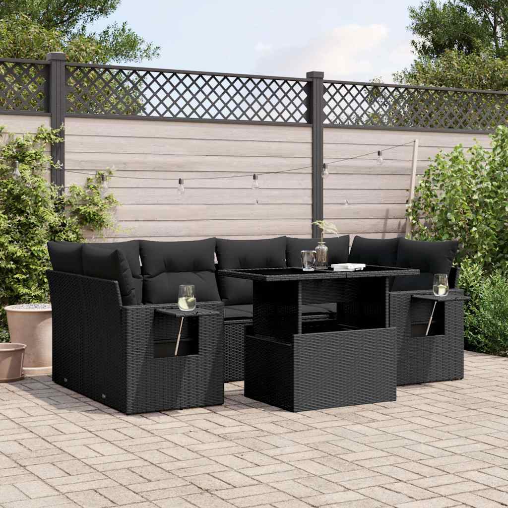 vidaXL 7-tlg. Garten-Sofagarnitur mit Kissen Schwarz Poly Rattan