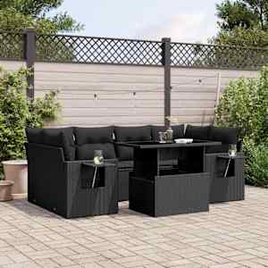 Vrtna sedežna garnitura 7-delna z blazinami črn poli ratan