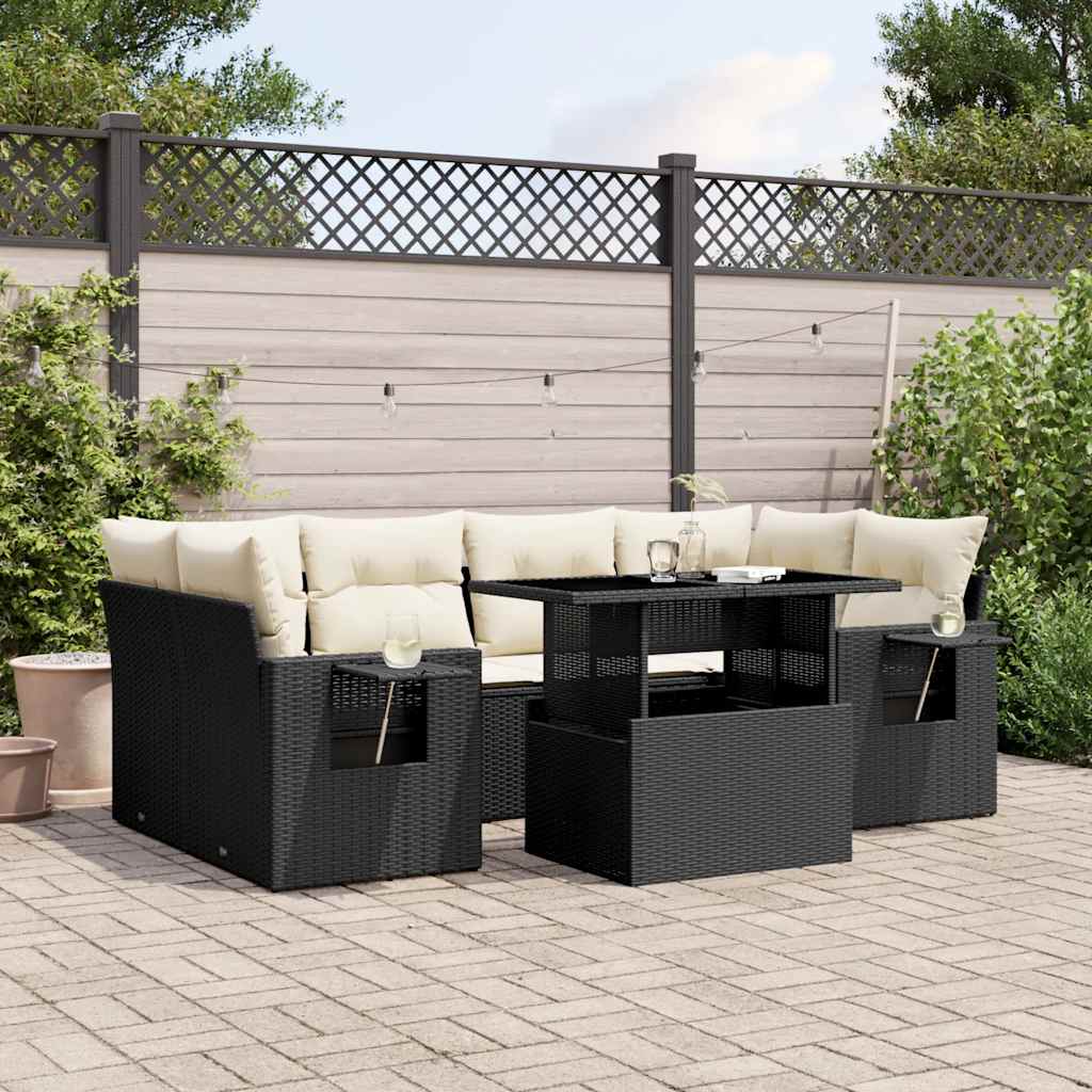 vidaXL 7-tlg. Garten-Sofagarnitur mit Kissen Schwarz Poly Rattan