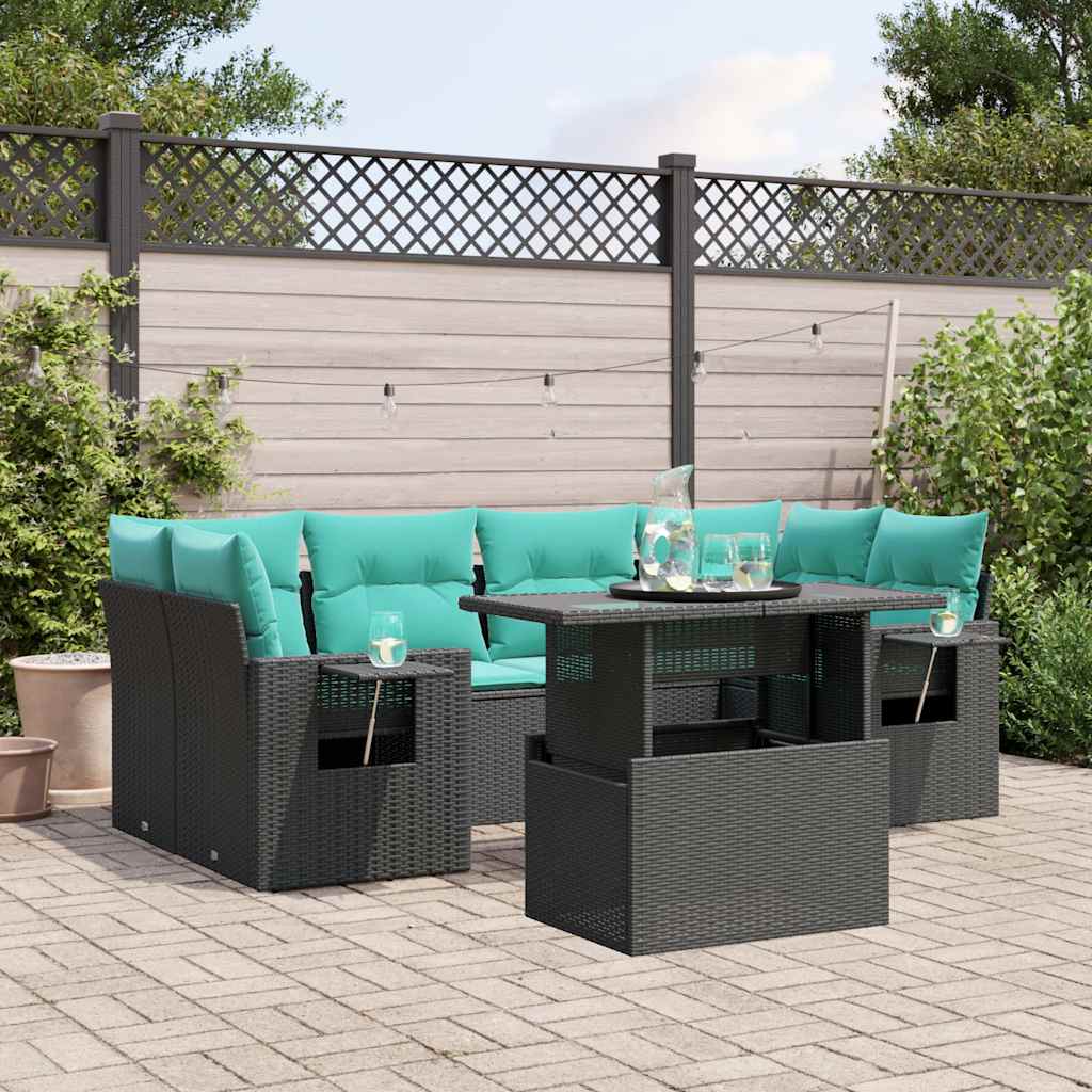 vidaXL 7-teiliges Gartensofa-Set mit Kissen, schwarzes Polyrattan