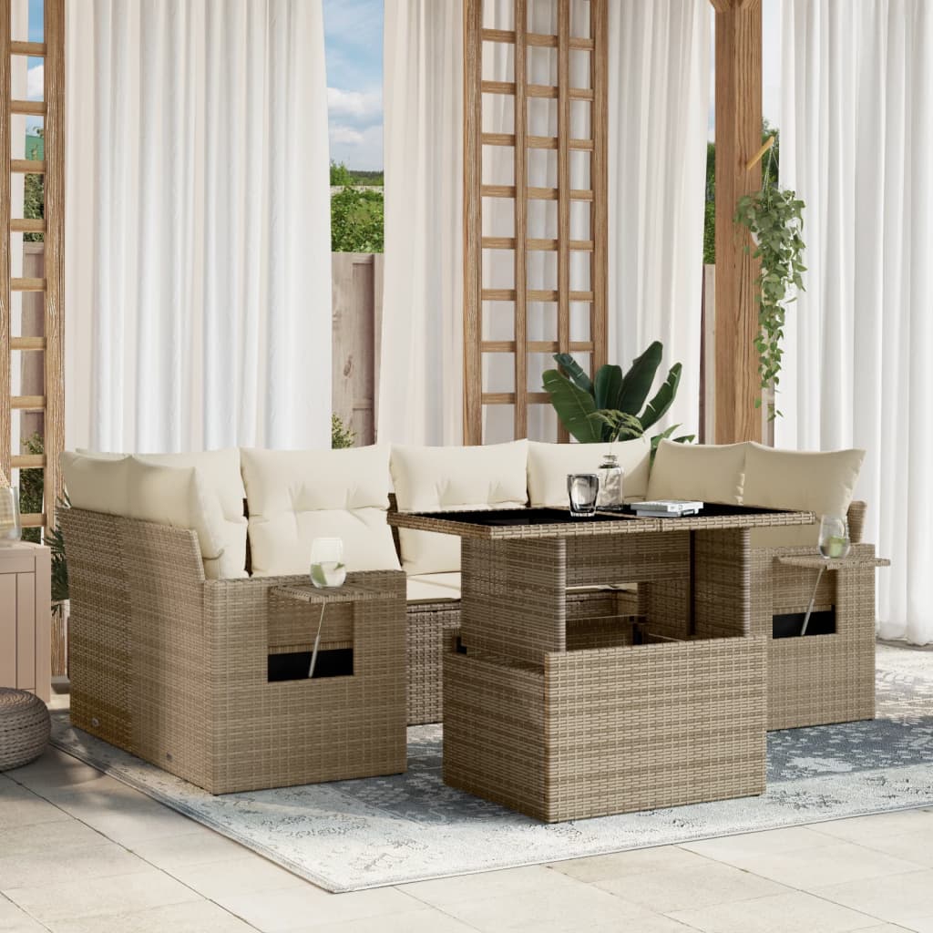 7-tlg. Garten-Sofagarnitur mit Kissen Beige Poly Rattan