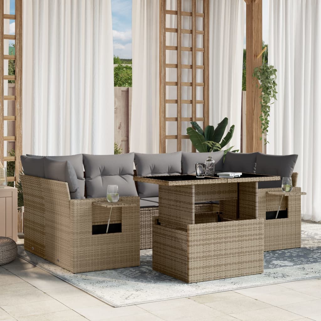 vidaXL 7-tlg. Garten-Sofagarnitur mit Kissen Beige Poly Rattan