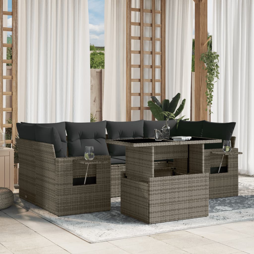 vidaXL 7-tlg. Garten-Sofagarnitur mit Kissen Grau Poly Rattan