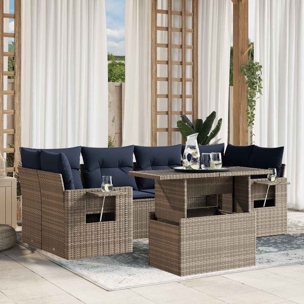 Havesofasæt i 7 dele med marineblå hynder - grå polyrattan