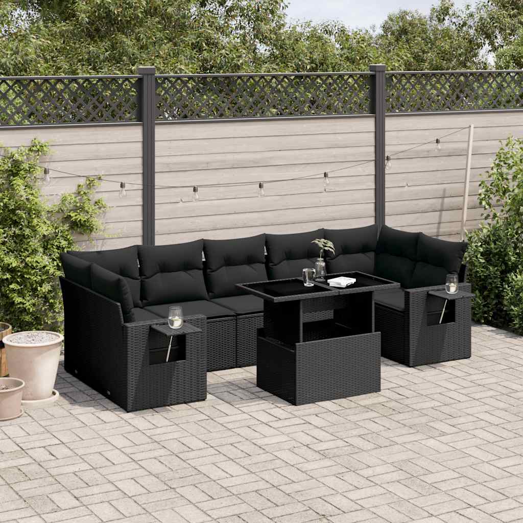 vidaXL 8-tlg. Garten-Sofagarnitur mit Kissen Schwarz Poly Rattan