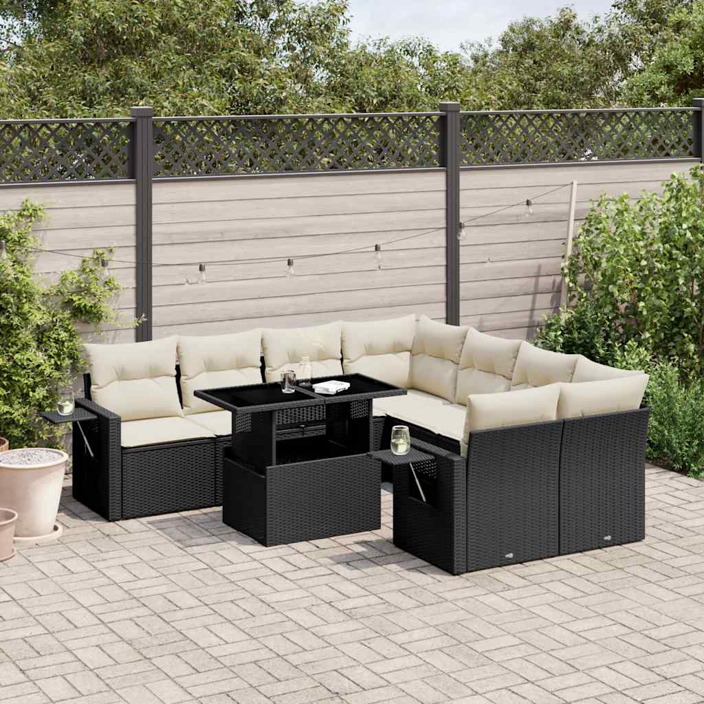 vidaXL 9-tlg. Garten-Sofagarnitur mit Kissen Schwarz Poly Rattan