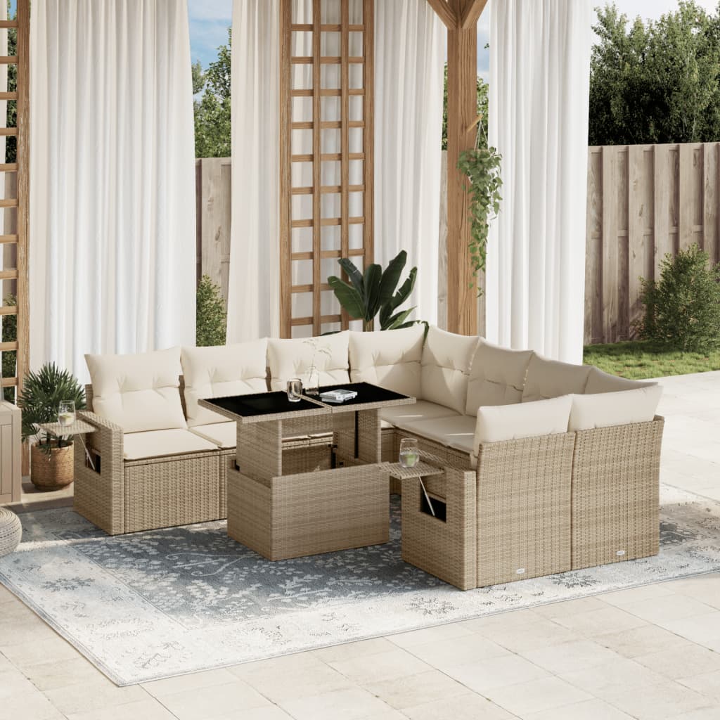 vidaXL 9-tlg. Garten-Sofagarnitur mit Kissen Beige Poly Rattan