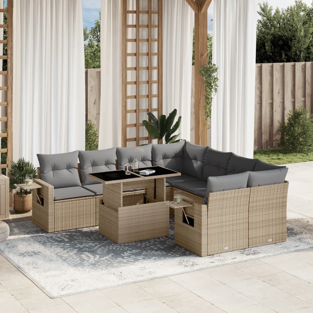 vidaXL 9-tlg. Garten-Sofagarnitur mit Kissen Beige Poly Rattan