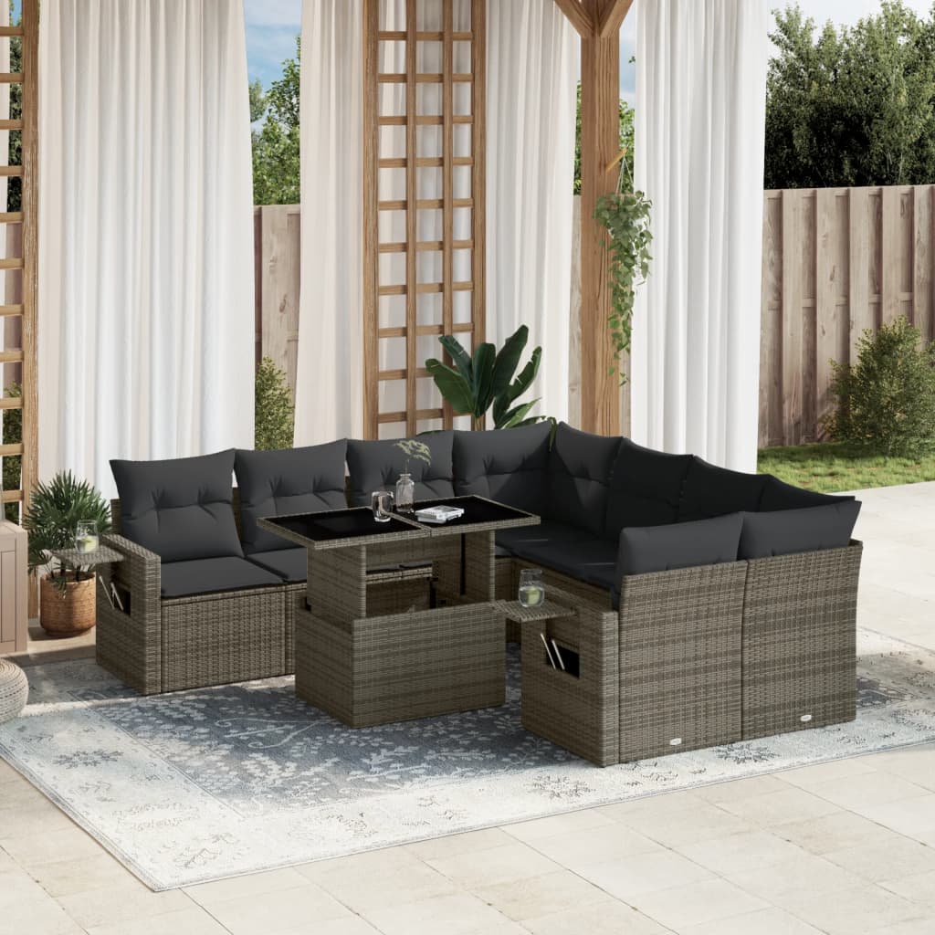 vidaXL 9-tlg. Garten-Sofagarnitur mit Kissen Grau Poly Rattan