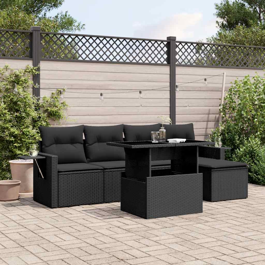 vidaXL 6-tlg. Garten-Sofagarnitur mit Kissen Schwarz Poly Rattan