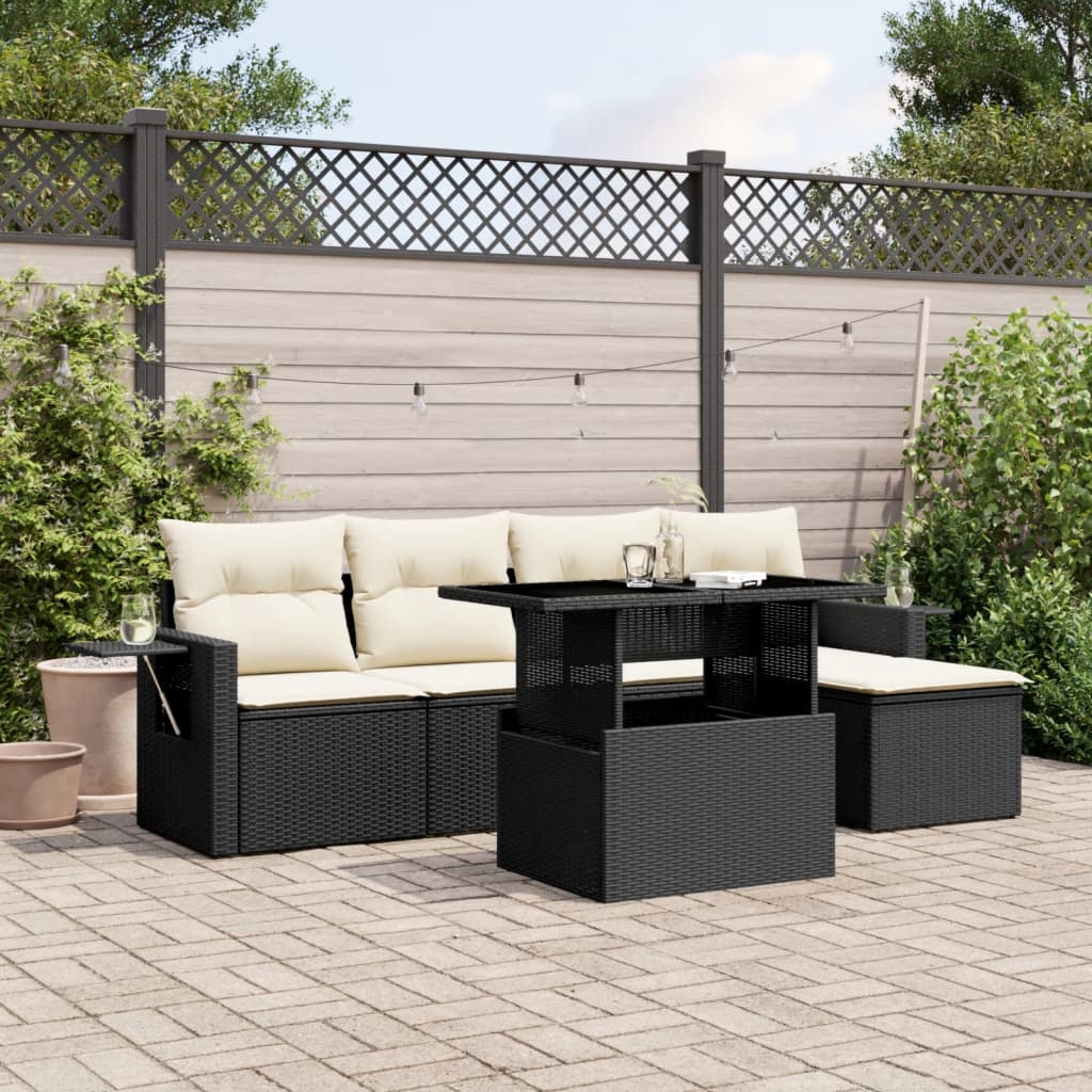 vidaXL 6-tlg. Garten-Sofagarnitur mit Kissen Schwarz Poly Rattan