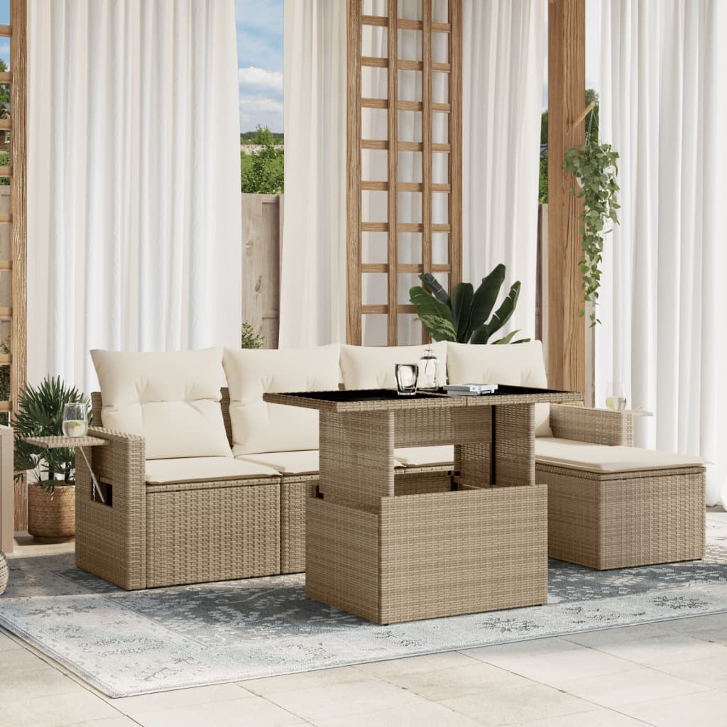 vidaXL 6-tlg. Garten-Sofagarnitur mit Kissen Beige Poly Rattan