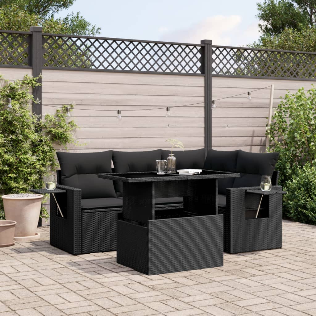 vidaXL 5-tlg. Garten-Sofagarnitur mit Kissen Schwarz Poly Rattan