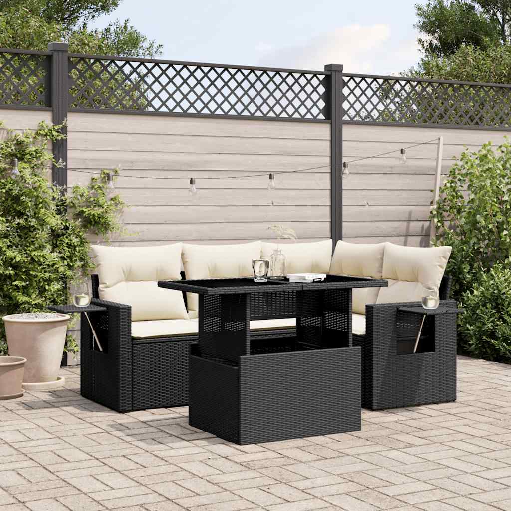 vidaXL 5-tlg. Garten-Sofagarnitur mit Kissen Schwarz Poly Rattan