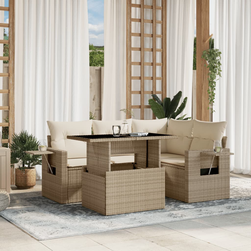 vidaXL 5-tlg. Garten-Sofagarnitur mit Kissen Beige Poly Rattan