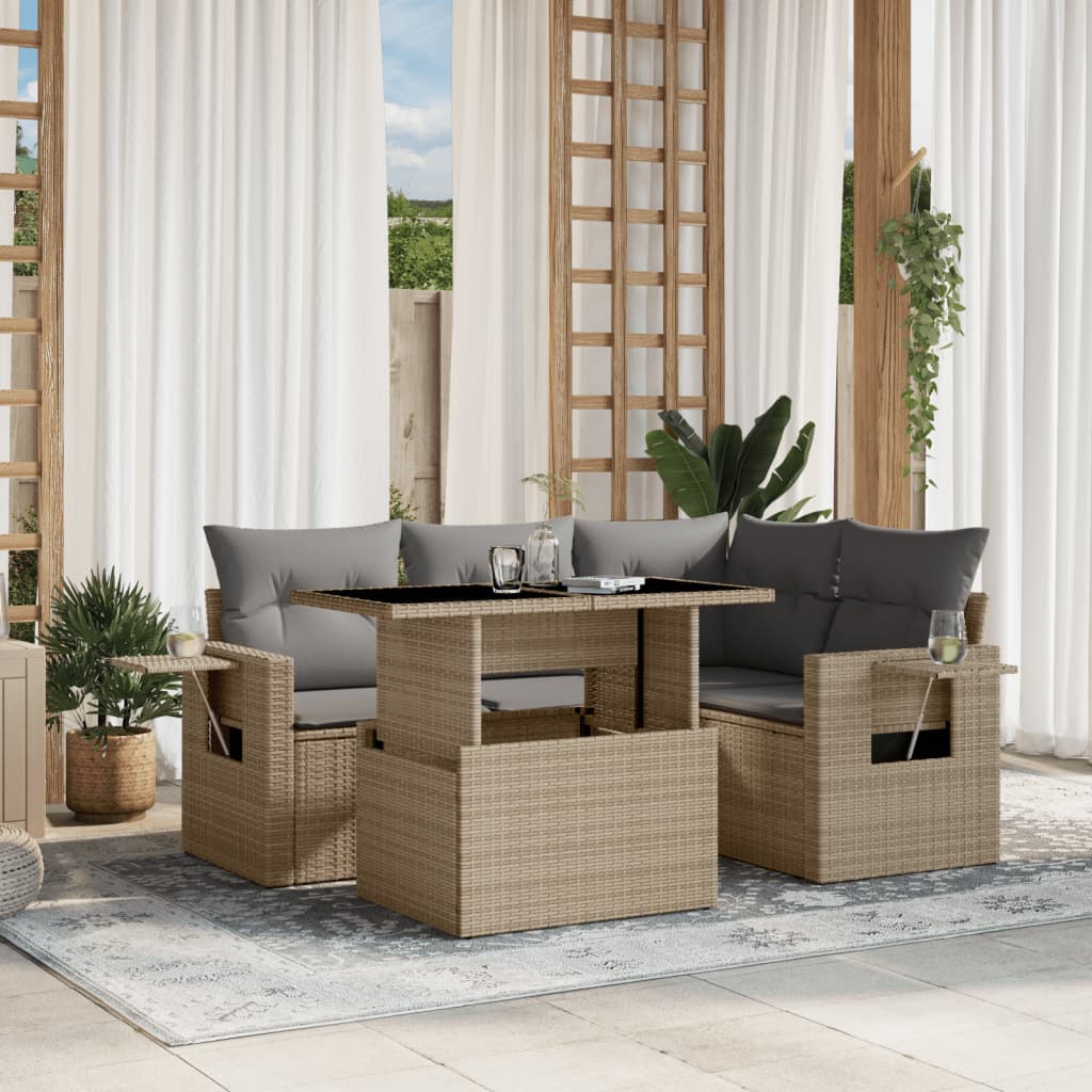 vidaXL 5-tlg. Garten-Sofagarnitur mit Kissen Beige Poly Rattan