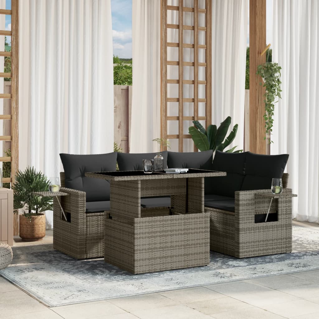 vidaXL 5-tlg. Garten-Sofagarnitur mit Kissen Grau Poly Rattan