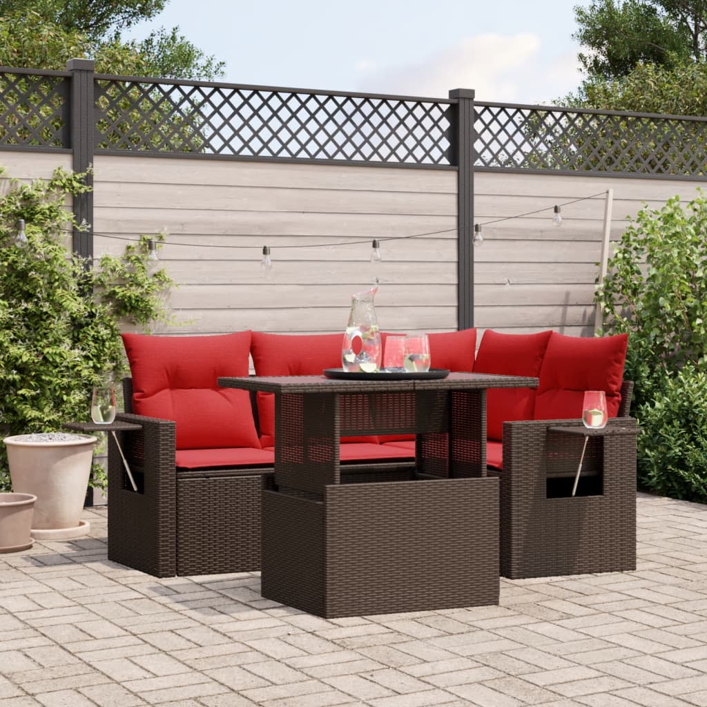 vidaXL 5-teiliges Gartensofa-Set mit Kissen, braun, Polyrattan