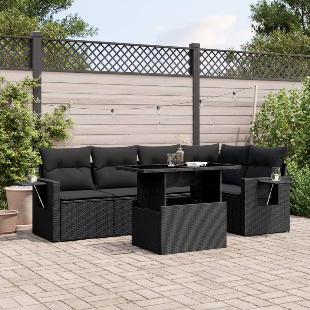 vidaXL 6-tlg. Garten-Sofagarnitur mit Kissen Schwarz Poly Rattan