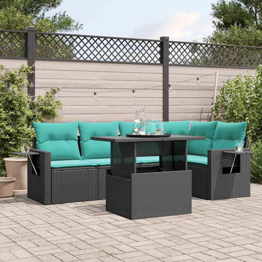 6 Piece Patio Sofa Set with Cushions Black Poly Rattan