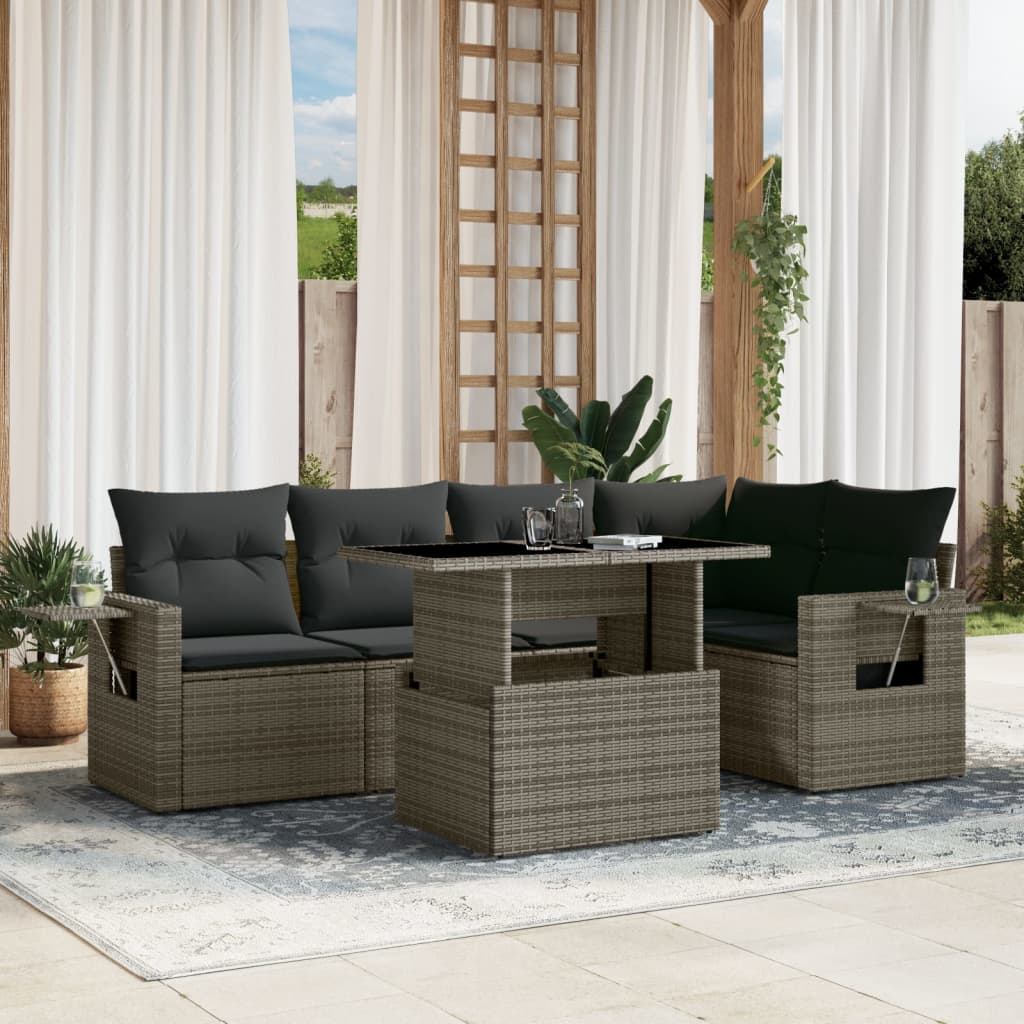 vidaXL 6-tlg. Garten-Sofagarnitur mit Kissen Grau Poly Rattan