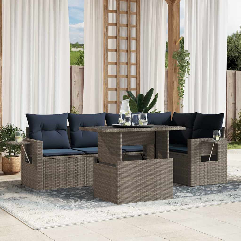 6 Piece Patio Sofa Set with Cushions Gray Poly Rattan