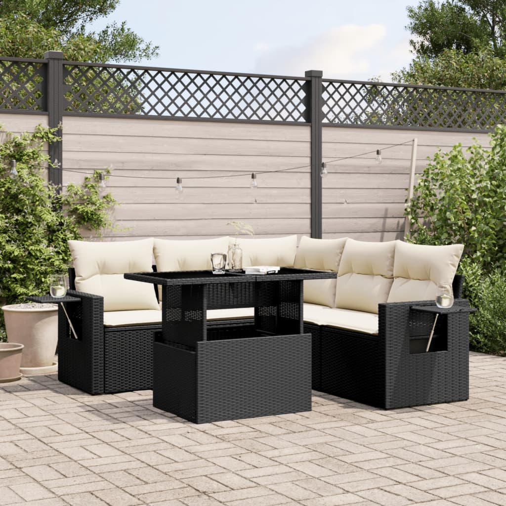 vidaXL 6-tlg. Garten-Sofagarnitur mit Kissen Schwarz Poly Rattan