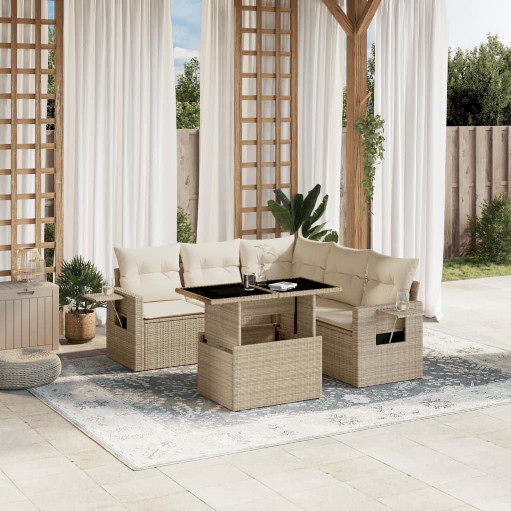 vidaXL 6-tlg. Garten-Sofagarnitur mit Kissen Beige Poly Rattan