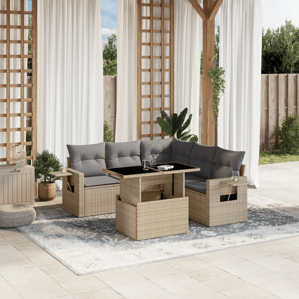 vidaXL 6-tlg. Garten-Sofagarnitur mit Kissen Beige Poly Rattan