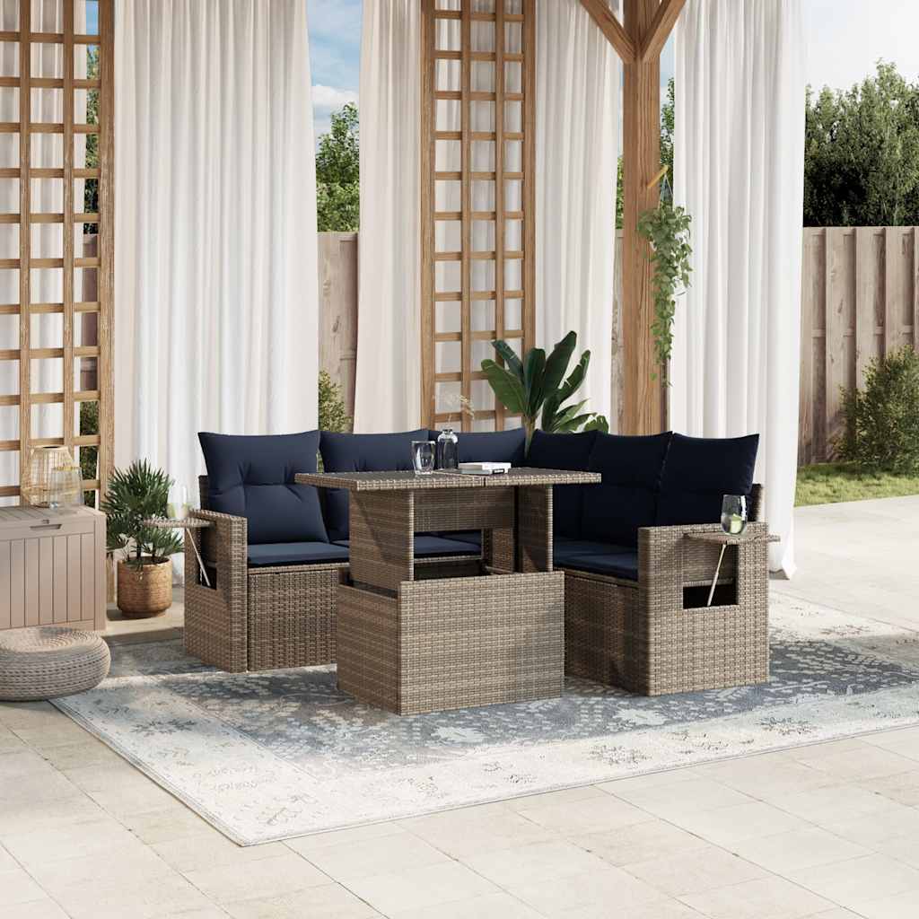 vidaXL 6-teiliges Gartensofa-Set mit Kissen, grau, Polyrattan