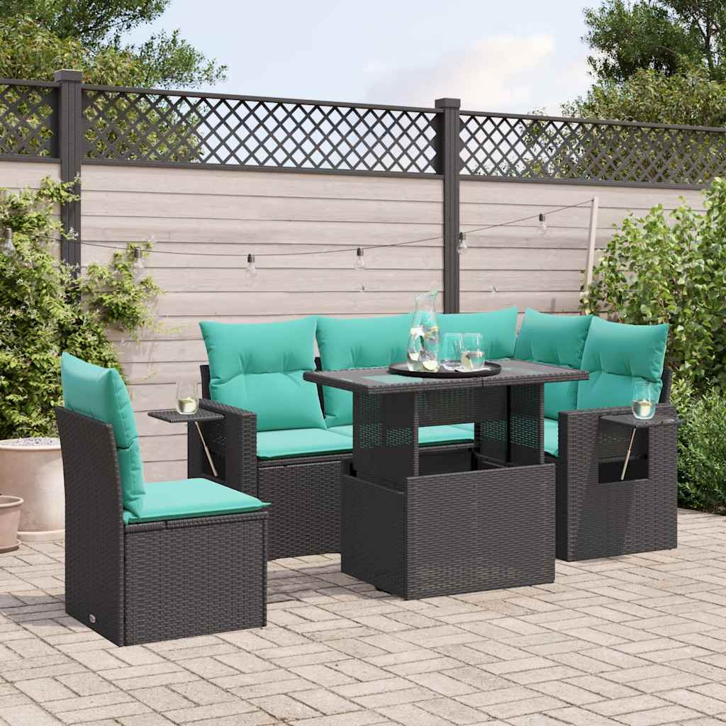 vidaXL 6-teiliges Gartensofa-Set mit Kissen, schwarzes Polyrattan
