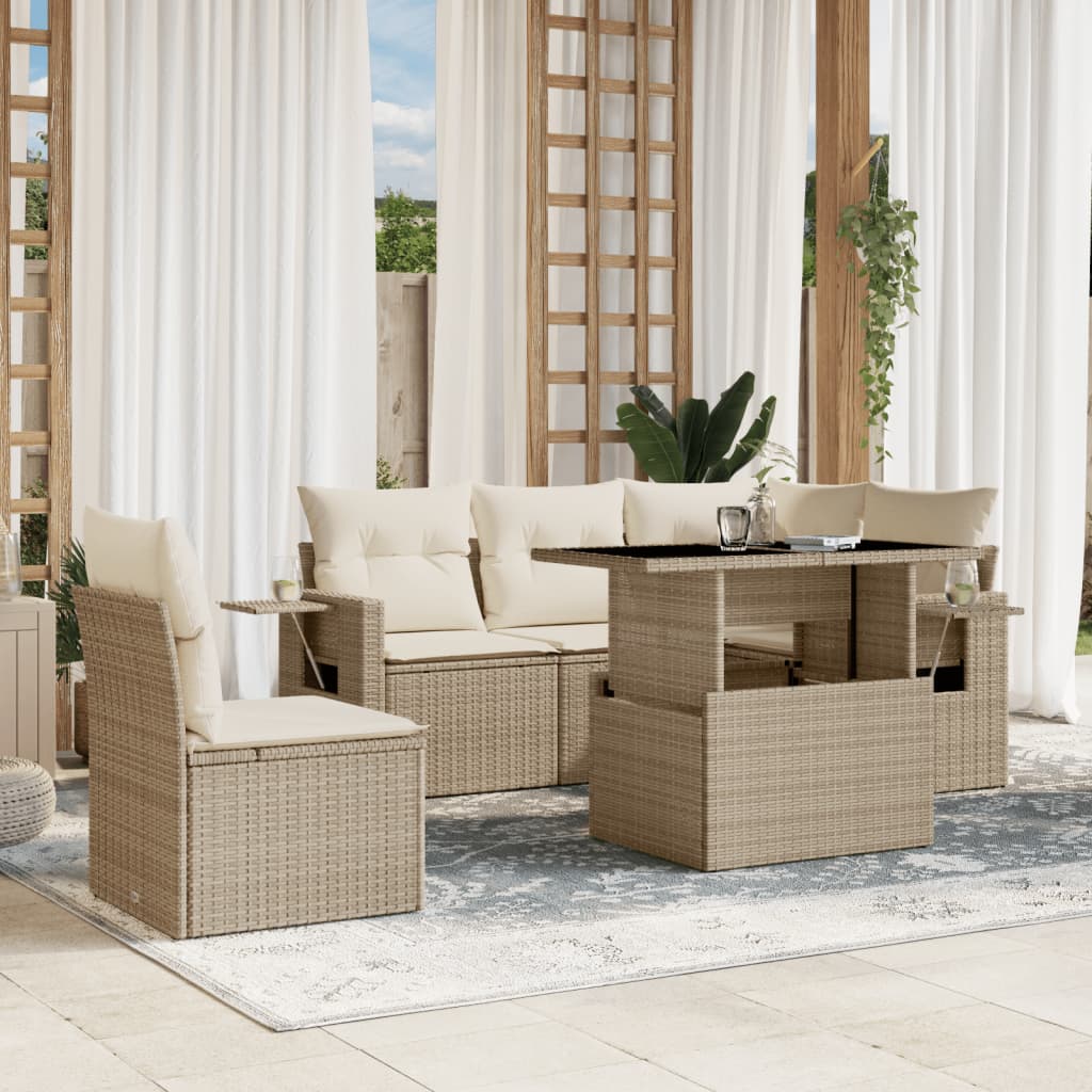 vidaXL 6-tlg. Garten-Sofagarnitur mit Kissen Beige Poly Rattan