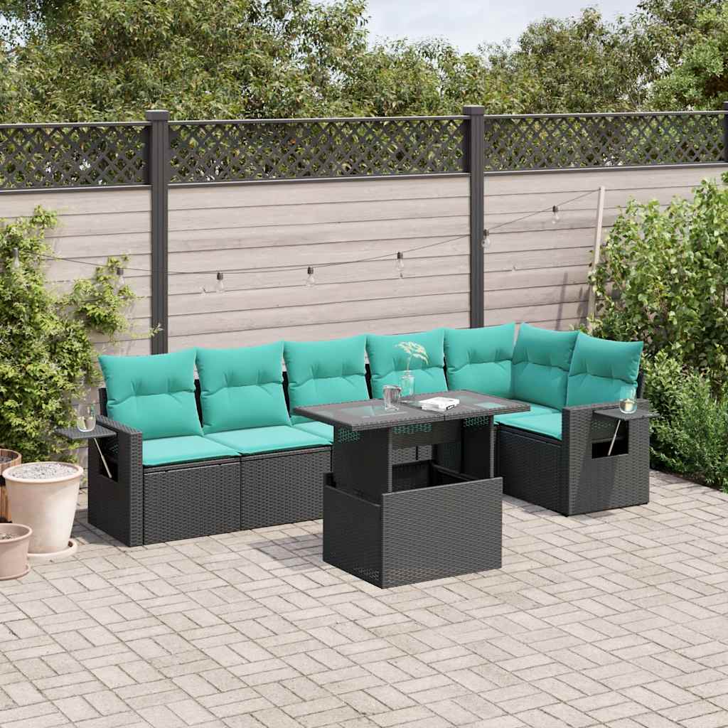 vidaXL 7-teiliges Gartensofa-Set mit Kissen, schwarzes Polyrattan