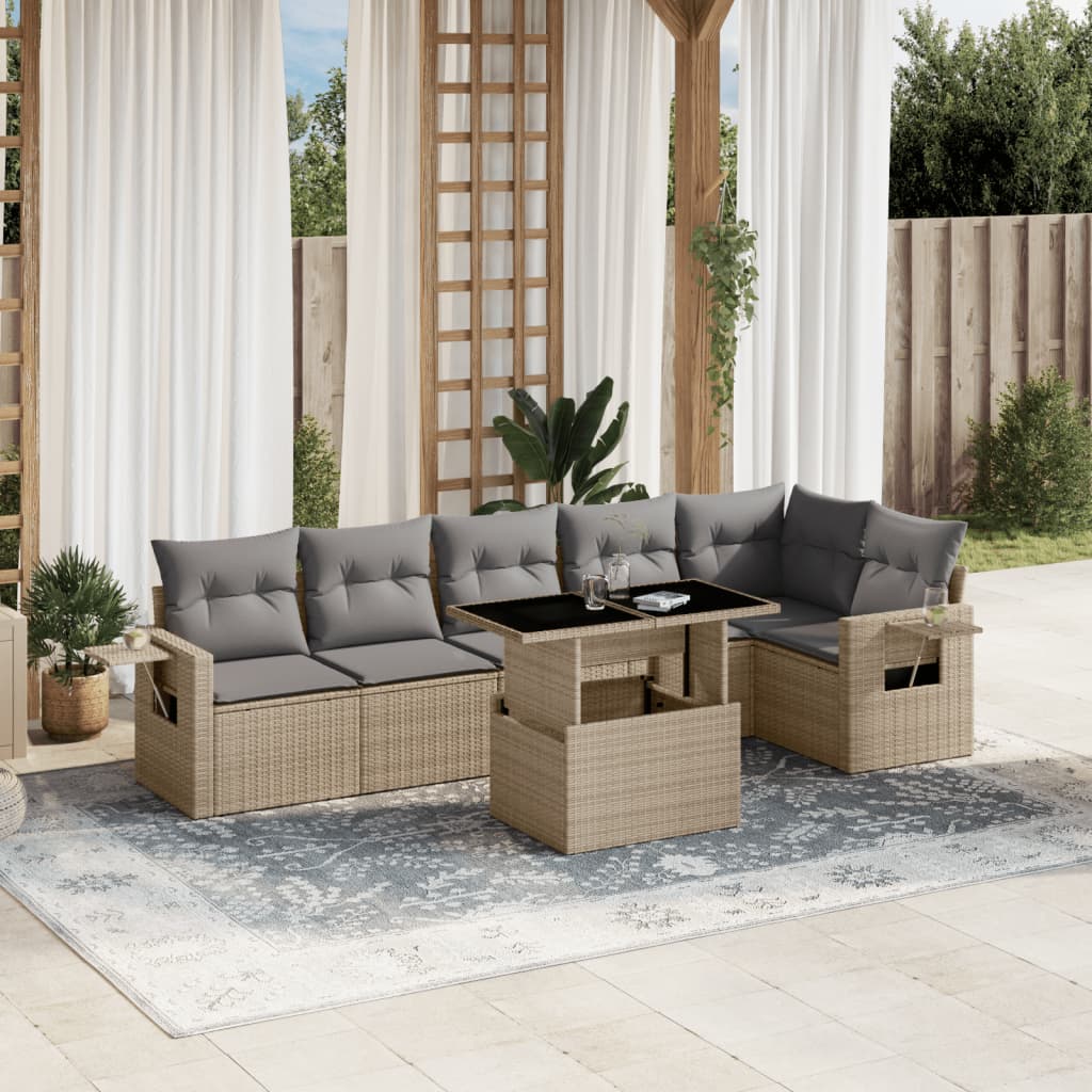 vidaXL 7-tlg. Garten-Sofagarnitur mit Kissen Beige Poly Rattan