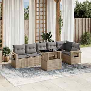 Vrtna sedežna garnitura 7-delna z blazinami bež poli ratan