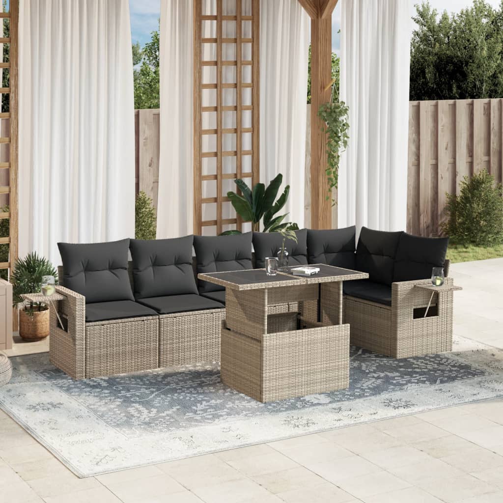 7-tlg. Garten-Sofagarnitur mit Kissen Hellgrau Poly Rattan