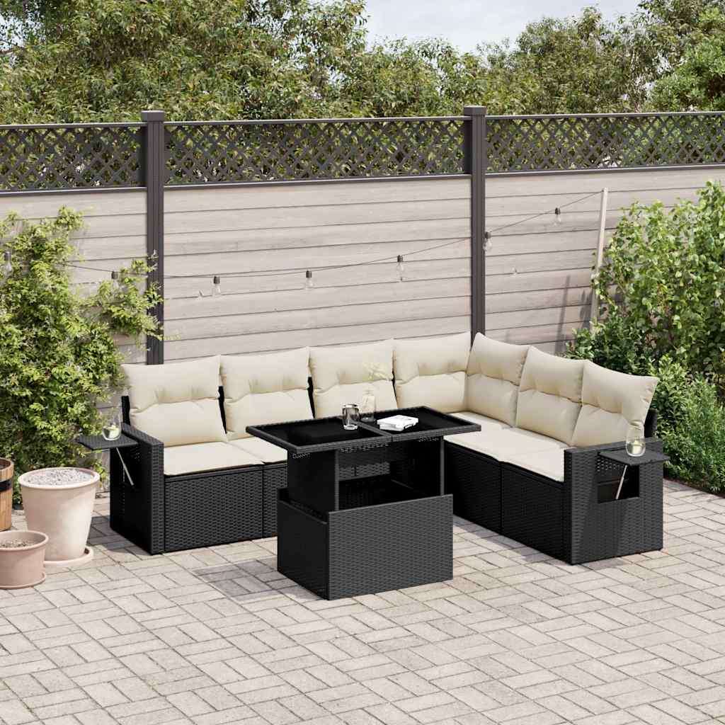 vidaXL 7-tlg. Garten-Sofagarnitur mit Kissen Schwarz Poly Rattan