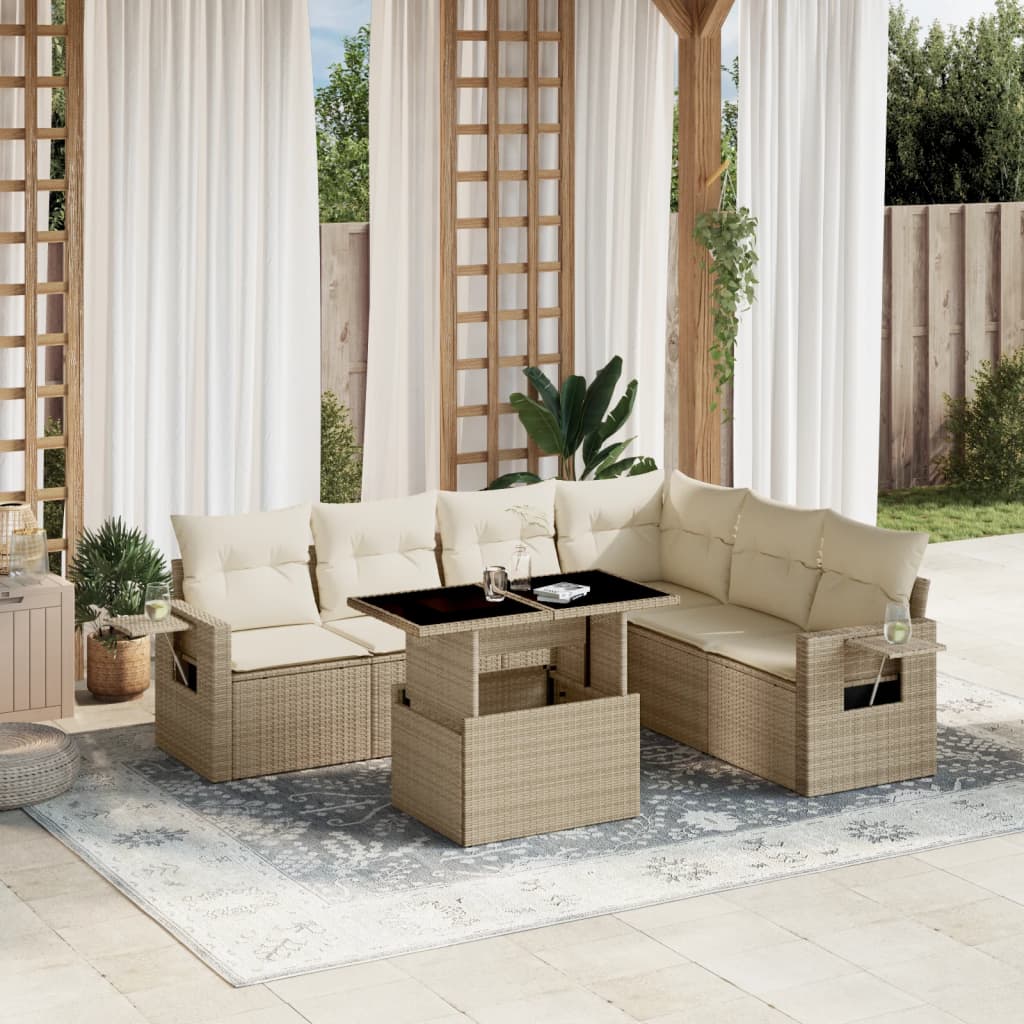 vidaXL 7-tlg. Garten-Sofagarnitur mit Kissen Beige Poly Rattan