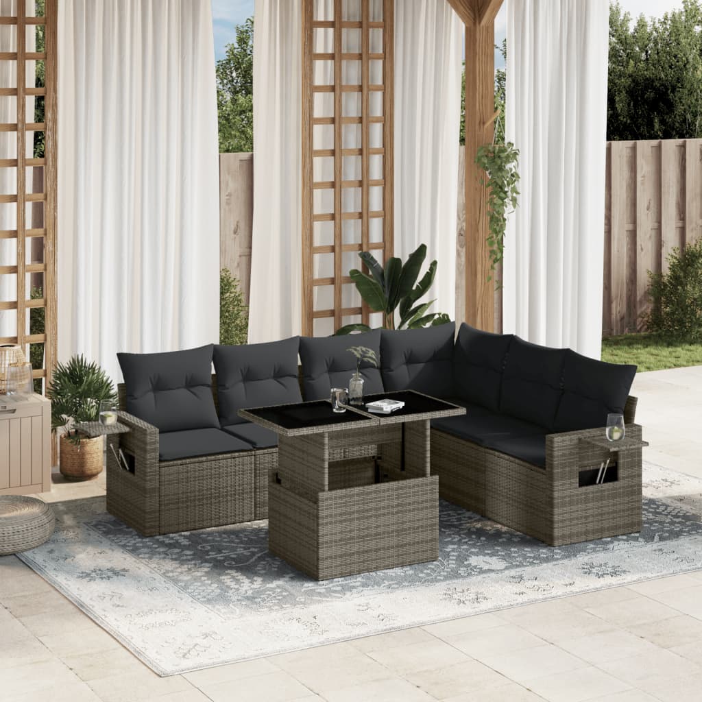 vidaXL 7-tlg. Garten-Sofagarnitur mit Kissen Grau Poly Rattan