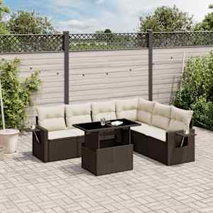 Vrtna sedežna garnitura 7-delna z blazinami rjav poli ratan