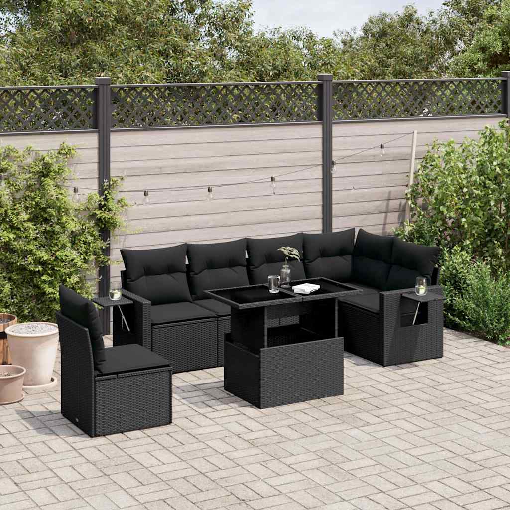 vidaXL 7-tlg. Garten-Sofagarnitur mit Kissen Schwarz Poly Rattan